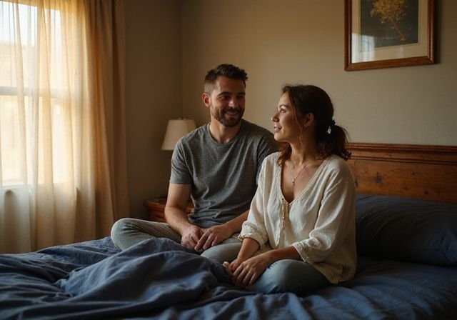Een man en vrouw delen een intiem moment op het bed