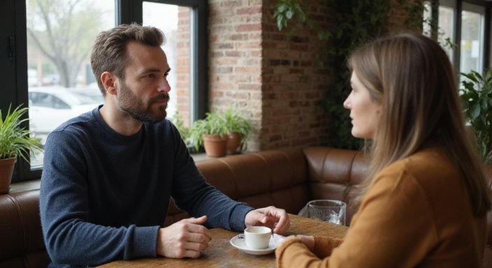 Een man in een café heeft een intatief gesprek met een vrouw. Een man in een café heeft een intatief gesprek met een vrouw