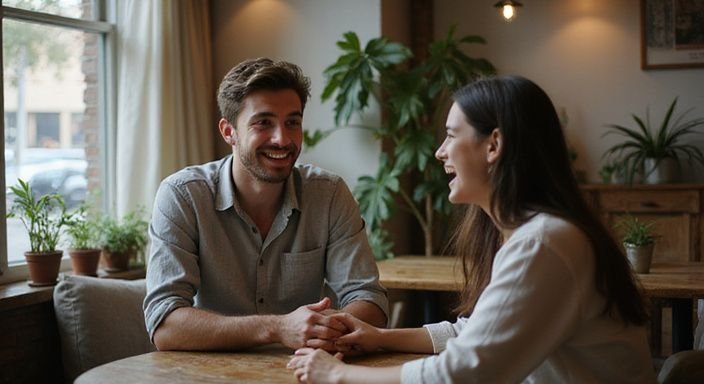 Een jonge man vertelt een grap aan een lachende vrouw. Een jonge man vertelt een grap aan een lachende vrouw