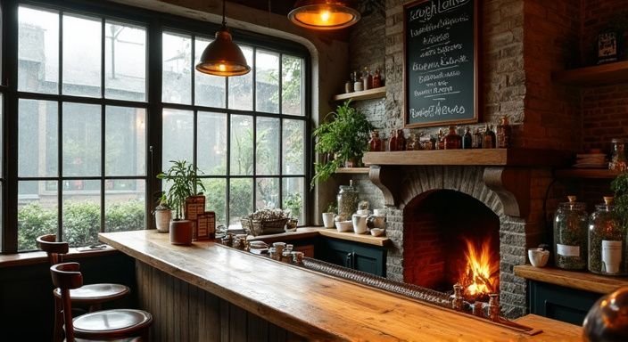 Een vintage café met een rustieke bar en een gezellige sfeer. Een vintage café met een rustieke bar en een gezellige sfeer