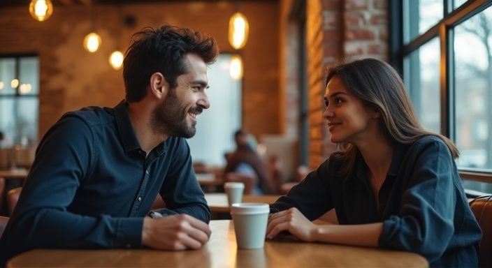 Een man en vrouw delen een intieme, gezellige momenten in een café. Een man en vrouw delen een intieme, gezellige momenten in een café