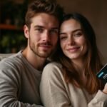 Een man en vrouw zitten samen op een bank met een condoomdoos