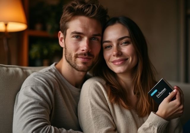 Een man en vrouw zitten samen op een bank met een condoomdoos