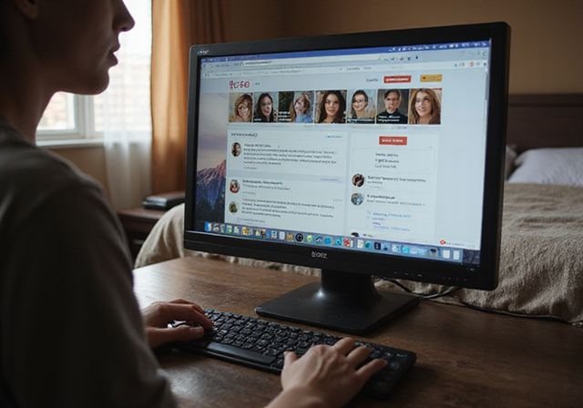 Een modern computerscherm toont datingprofielen op een houten bureau. Een modern computerscherm toont datingprofielen op een houten bureau