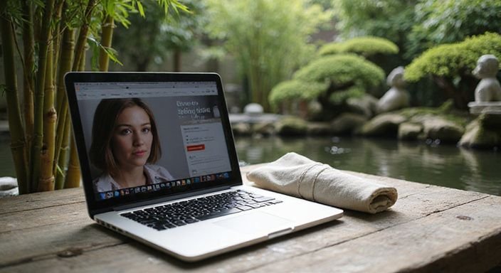 Een laptop staat op een houten tafel in een serene tuin.