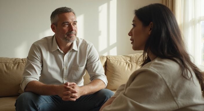 Een man en vrouw in gesprek over een Aziatische vrouwen sexdate op een comfortabele bank.