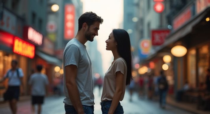 Een man en vrouw genieten van een Aziatische vrouwen sexdate op straat.