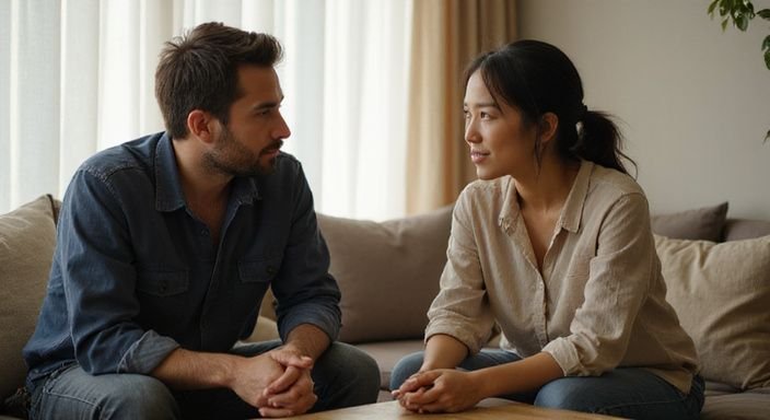 Twee personen hebben een openhartig gesprek in een gezellige woonkamer.