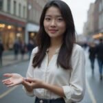 Een vrouw staat ontspannen in een drukke stadsstraat