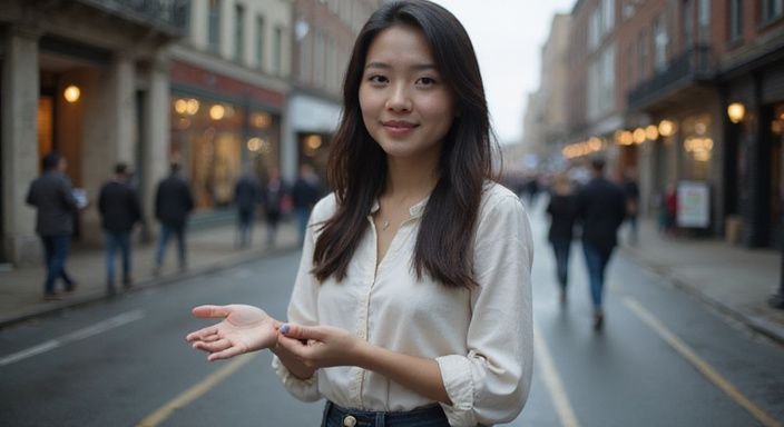 Een vrouw staat ontspannen in een drukke stadsstraat en wil een Aziatische vrouwen sexdate.