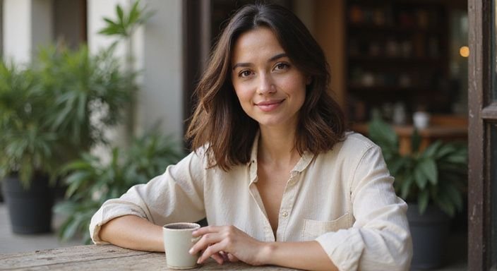 Een vrouw twirls een haarlok terwijl ze ontspannen aan een tafel zit.