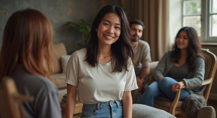 Een groep vrienden geniet van een Aziatische vrouwen sexdate in een woonkamer.