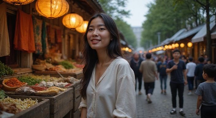 Een vrouw praat levendig over een Aziatische vrouwen sexdate in een drukke straatmarkt met een diverse menigte.