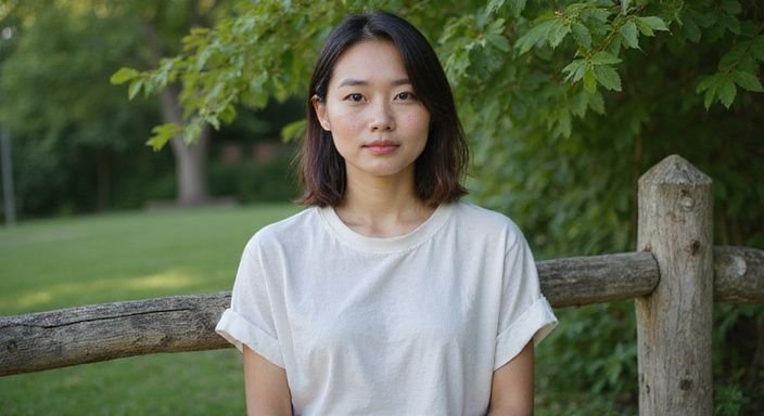 Een vrouw staat ontspannen in een serene tuin.