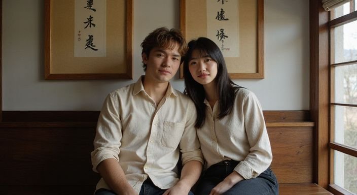 Een jongeman en vrouw zitten samen op een houten bank.