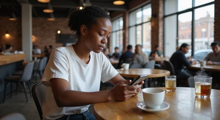 Een jonge vrouw zit in een café en swipet op haar telefoon. Een jonge vrouw zit in een café en zoekt op haar telefoon naar donkere vrouwen sexcontact.