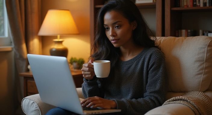 Een vrouw werkt geconcentreerd aan haar laptop met een koffiemok. Een vrouw werkt geconcentreerd aan haar laptop met een koffiemok.