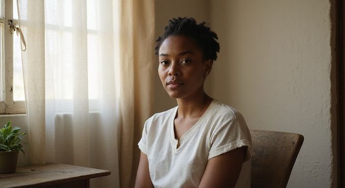 Een jonge vrouw zit op een eenvoudige houten stoel in een rustige kamer. Een jonge vrouw zit op een eenvoudige houten stoel in een rustige kamer.