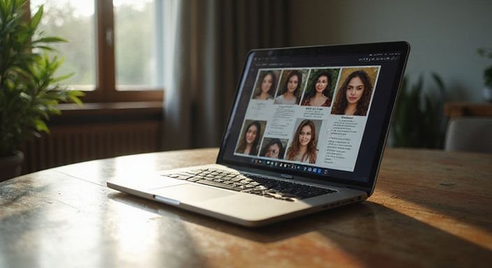 Een moderne laptop toont profielen voor intieme connecties op een bureau. Een moderne laptop toont profielen voor donkere vrouwen sexcontact op een bureau.
