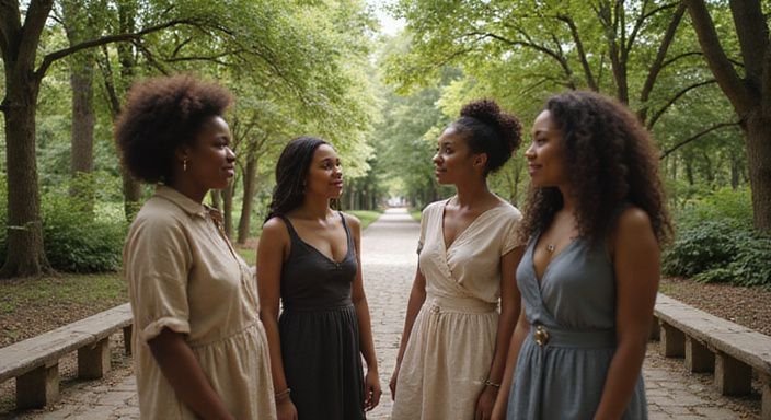 Een groep vrouwen in gesprek op een stenen plein onder bomen. Een groep vrouwen in gesprek over donkere vrouwen sexcontact op een stenen plein onder bomen.