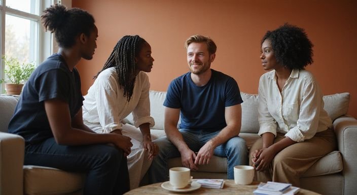 Een ontspannen gesprek tussen vier vrienden in een gezellige woonkamer. Een ontspannen gesprek tussen vier vrienden in een gezellige woonkamer.