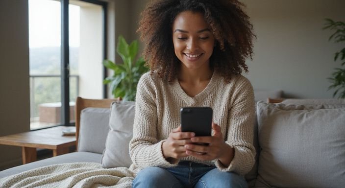 Een jonge vrouw zit ontspannen op een bank en gebruikt een smartphone. Een jonge vrouw zit ontspannen op een bank en gebruikt een smartphone voor donkere vrouwen sexcontact.