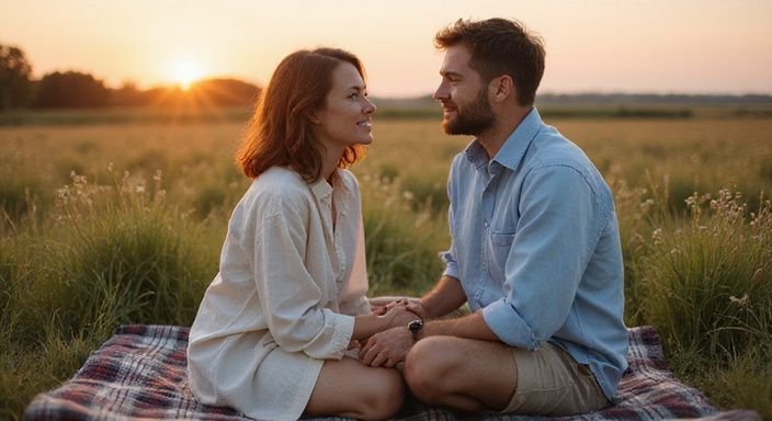 Een stel geniet van elkaars gezelschap op een picknickdeken in de natuur