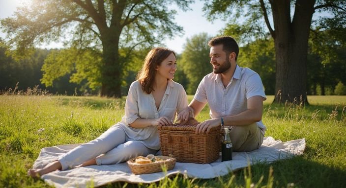 Een vrouw en man genieten van een ontspannen moment in de natuur. Een vrouw en man genieten van een ontspannen moment in de natuur.