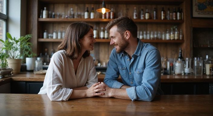 Een man en vrouw genieten van elkaars gezelschap aan de bar. Een man en vrouw genieten van elkaars gezelschap aan de bar.