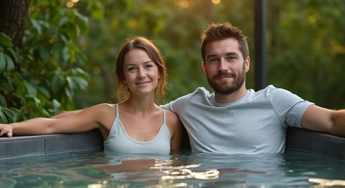 Een man en vrouw ontspannen in een luxe hot tub. Een man en vrouw ontspannen in een luxe hot tub.