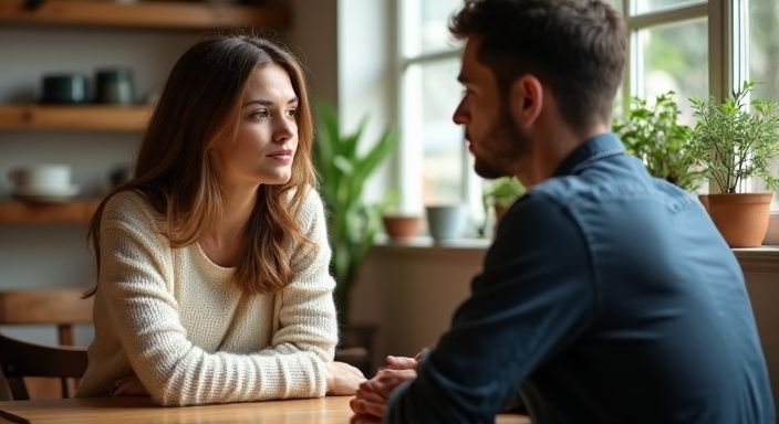 Een vrouw en man hebben een serieuze conversatie in een café. Een vrouw en man hebben een serieuze conversatie over erotisch contact Friesland in een café.