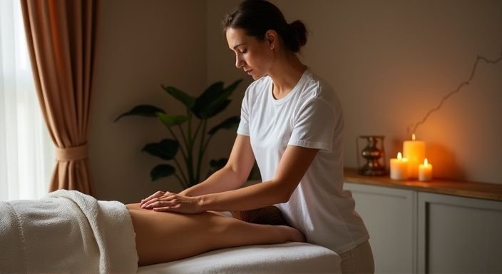Een masseuse biedt een zorgvuldige lichaamsmassage in een intieme salon.