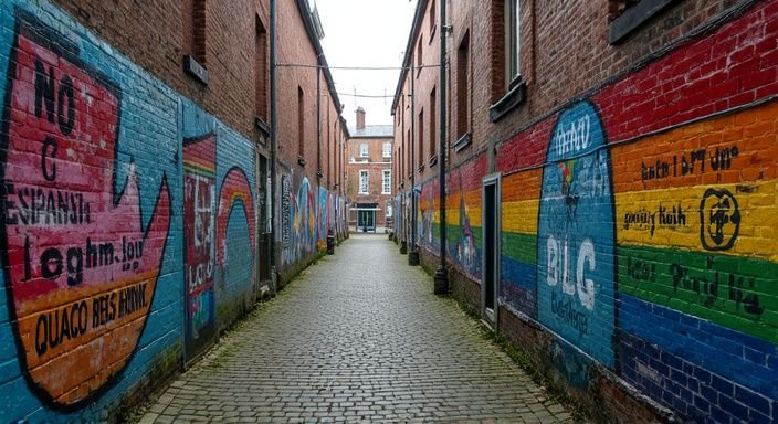 Een smalle steeg met levendige graffiti en subtiele LGBTQ+-symbolen.