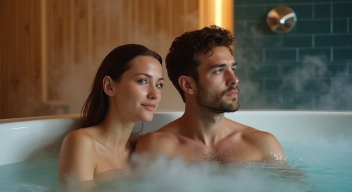 Een stel geniet van een ontspannen moment in een jacuzzi.
