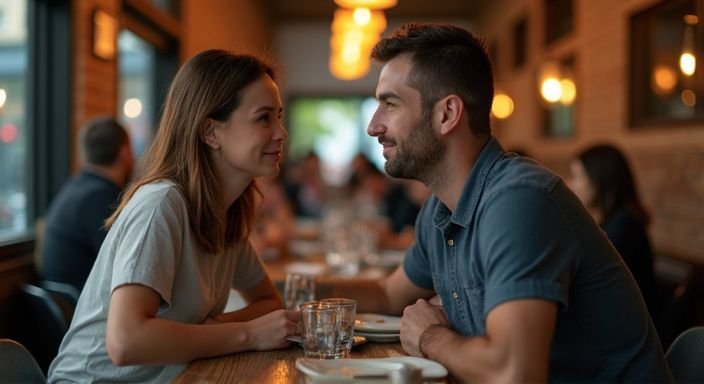 Een man en vrouw delen een intiem moment in een restaurant.