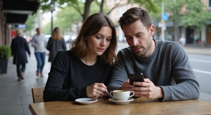 Een man en vrouw delen aandachtig een smartphone aan een cafétafel. Een man en vrouw delen aandachtig een smartphone aan een cafétafel.