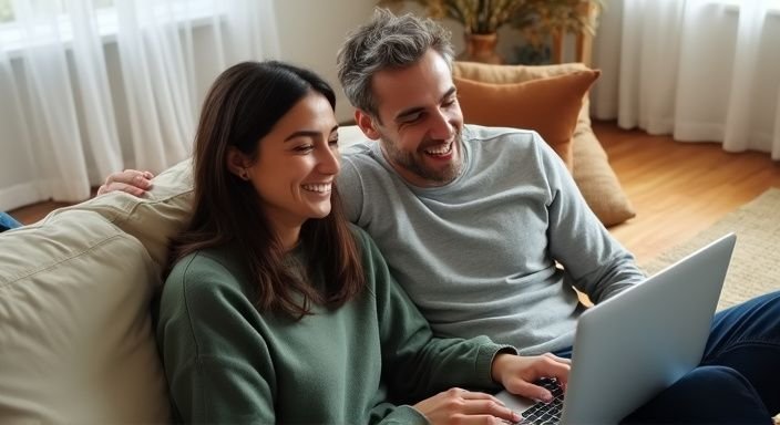 Een vrouw en man lachen samen op een bank met een laptop. Een vrouw en man lachen samen op een bank met een laptop.
