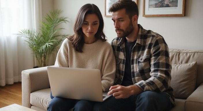 Een vrouw en een man zitten samen op een bank met een laptop. Een vrouw en een man zitten samen op een bank met een laptop en zoeken een gratis sexdate.