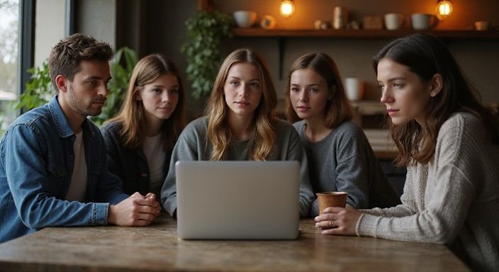 Vijf vrienden bespreken samen vragen over datingsites in een café. Vijf vrienden bespreken samen vragen over een gratis sexdate in een café.