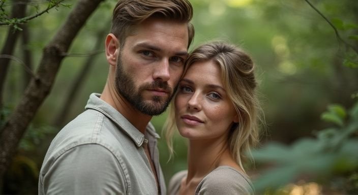 Een man en vrouw delen een intiem moment in een bos. Een man en vrouw hebben lekkere sexcontacten in een bos.