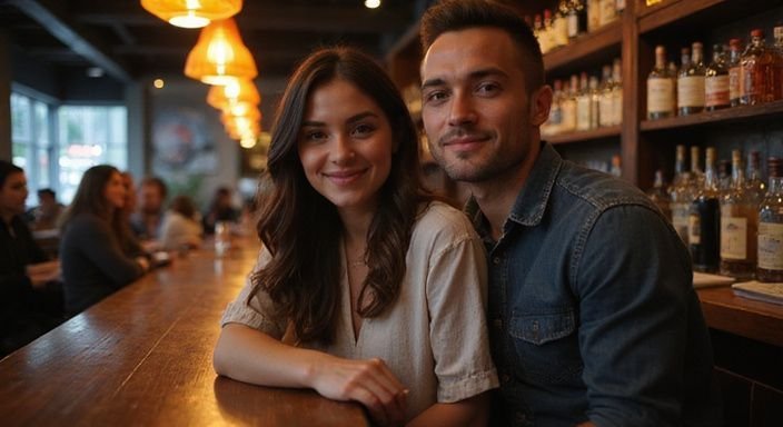 Een man en vrouw delen een warme, speelse moment aan de bar. Een man en vrouw delen lekkere sexcontacten aan de bar.