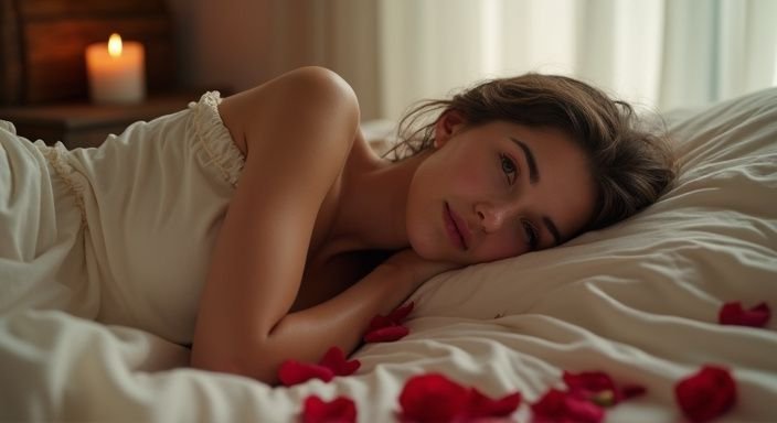 Een persoon ligt ontspannen op bed met rozenblaadjes en een kaars. Een persoon ligt ontspannen op bed met rozenblaadjes en een kaars en geniet van lekkere sexcontacten.