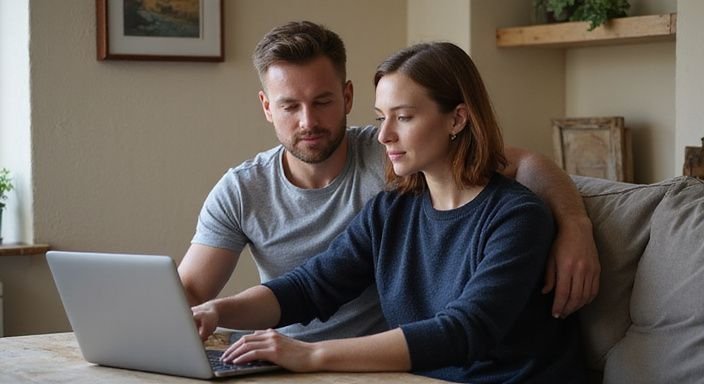 Een man en vrouw zitten samen op een bank met een laptop. Een man en vrouw zitten samen op een bank met een laptop en zoeken lekkere sexcontacten.