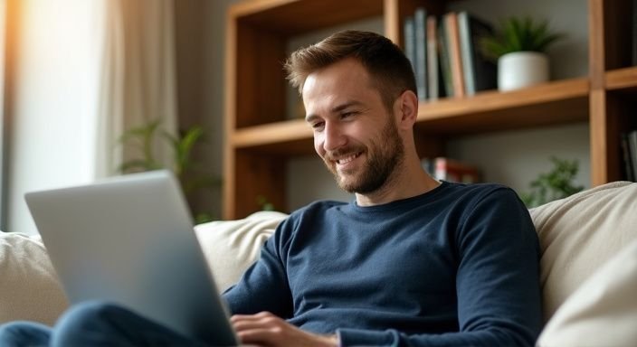 Een man in een sweater zit ontspannen op een bank met een laptop. Een man in een sweater zit ontspannen op een bank met een laptop en is op zoek naar lekkere sexcontacten.