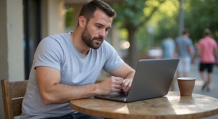 Een man zoekt vrouw voor erotisch contact in casual kleding scrollt ontspannen op zijn laptop.
