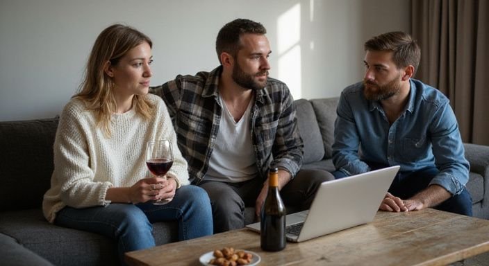 Drie volwassenen genieten van een trio in de woonkamer.