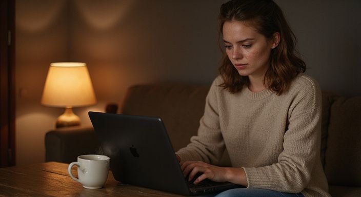 Een jonge vrouw werkt geconcentreerd aan haar laptop met een warme uitstraling.