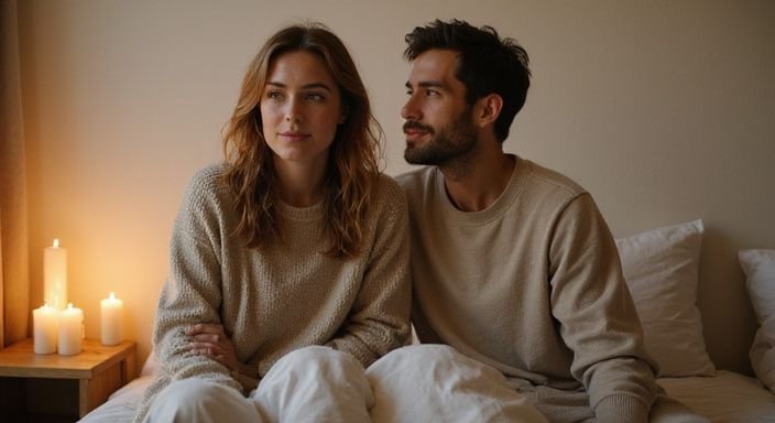 Een man en vrouw zitten samen op een bed in een sfeervolle slaapkamer.