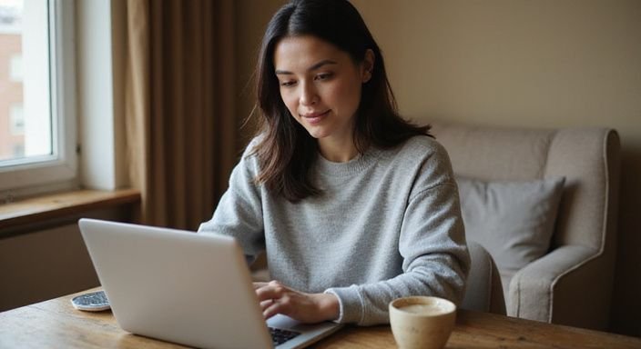 Een vrouw in een grijze trui werkt geconcentreerd aan haar laptop.