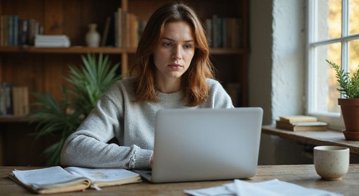 Een vrouw leest bezorgd reviews op haar laptop in een thuiskantoor.